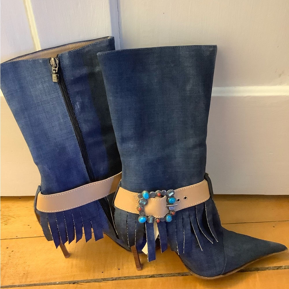 LeSilla Denim High Heeled Boot with Boot Jewelry